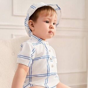 Blue and White Romper and Hat Set